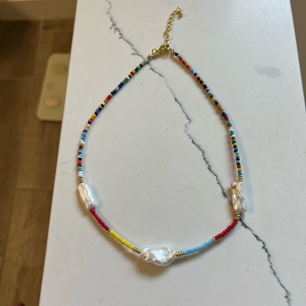 Necklace, Long Pearls & Colorful Beads